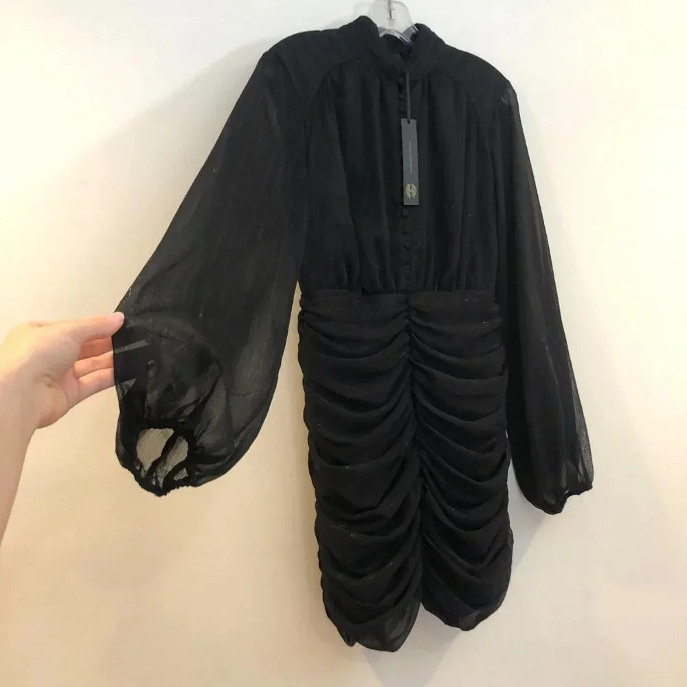 NEW House of Harlow 1960 Black Ruched Long Sleeve Mini Cocktail Dress 4 NWT - Picture 2 of 7
